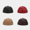 Women Men Faux Leather Docker Cap Hat Round Top Brimless Design Hat Solid Color