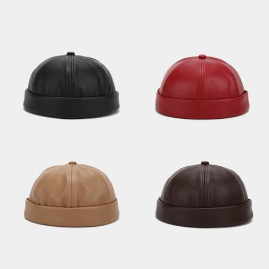 Women Men Faux Leather Docker Cap Hat Round Top Brimless Design Hat Solid Color