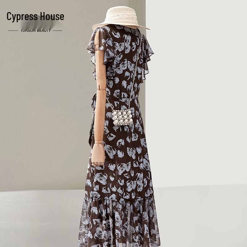 Women s Elegant V-Neck Ruffle Floral Slim Summer Dress L