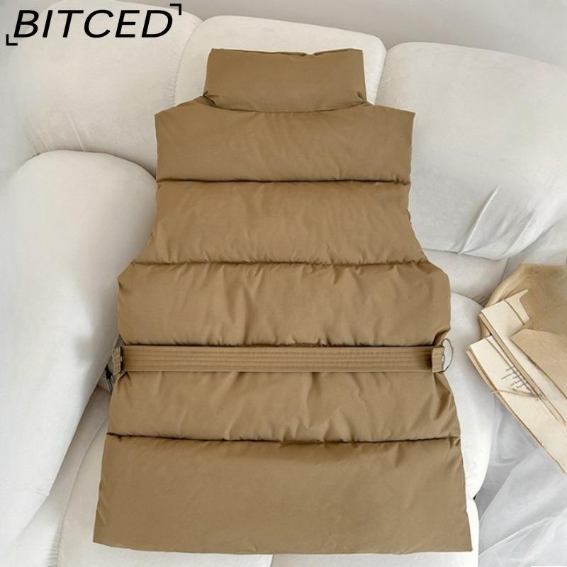BITCED Autumn/Winter Women's Fashion Solid-Colour Belted Cotton Jacket, Fashionable Waistcoat, Stand-Up Collar Puffer Coat