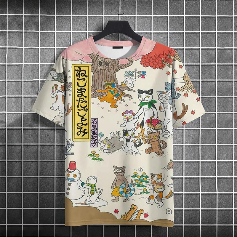 Summer Round Neck 3D Funny Cat Print Top Fashionable Casual Short Sleeved Men's T-shirts