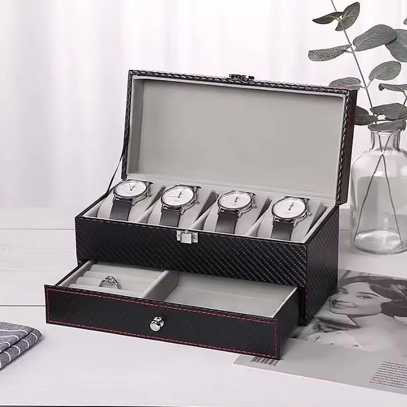 

Коробка для часов из ПУ кожи, органайзер для ювелирных изделий, дорожный дисплейный кейс для мужчин / женщин, 4 отделения, магнитная крышка, черный S