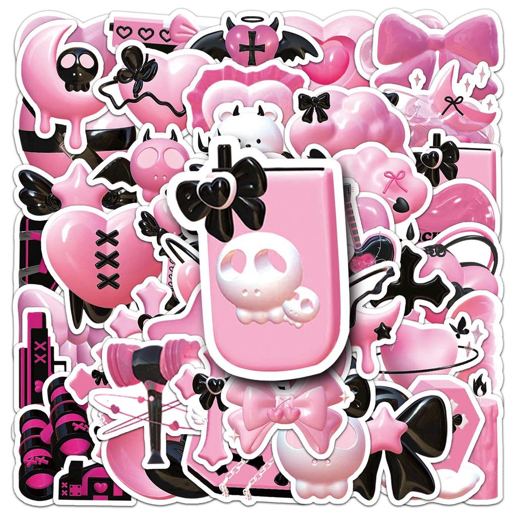 50 Sheets of 3D Black Pink Ins Style Waterproof Decorative Stickers for Journals, Notebooks, and Phone Cases