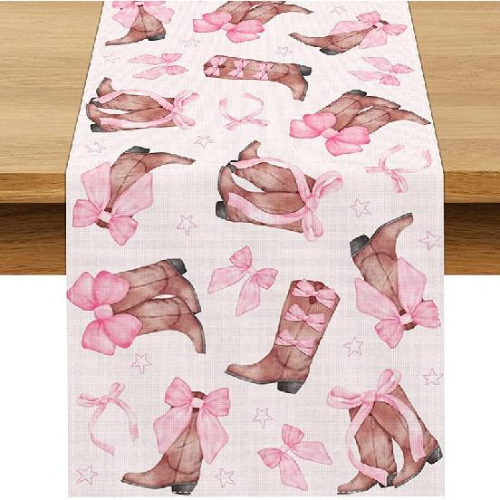 Coquette Bow Cowgirl Table Runner Western Wild West Pink Bowknot Boots Birthday Party Decoration Baby Shower Dining Room Home Kitchen Table Decor