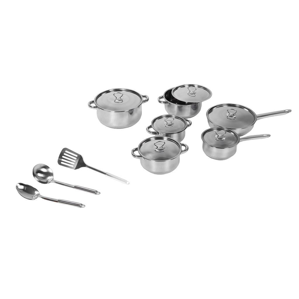 Stainless Steel Cookware Set 4 Soup Pots 2 Pans 1 Spatula 2 Spoons Kitchen Cooking Set for Home