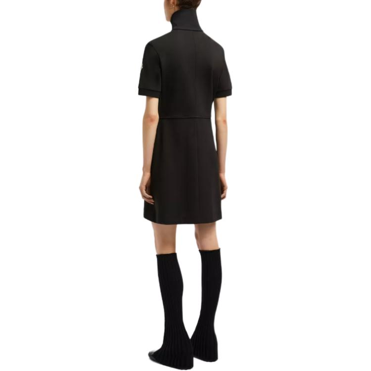 Moncler Solid Color Slim Fit Stand Collar Zipper Short Sleeve Dress Women dresses Black J20938I0000889ALE999