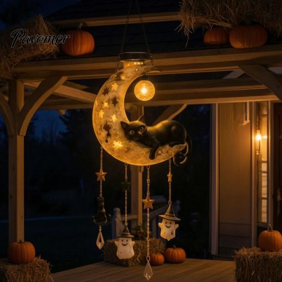 Solar Powered Garden Hanging Decor Moon Black Cat Wind Chime Light, Lamp, Waterproof Resin Cute Ghost Star Yard Accents Outdoor for Patio Yard,
