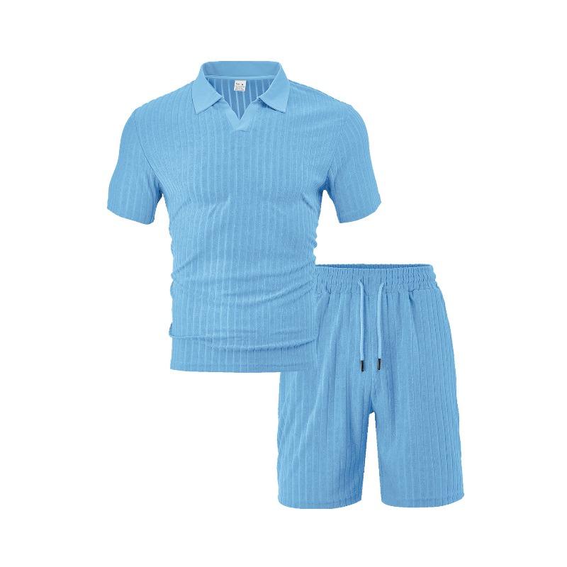 

Men s summer new breathable large straight strip towel jacquard cloth round neck men s casual sports suit XXXL светло-синий