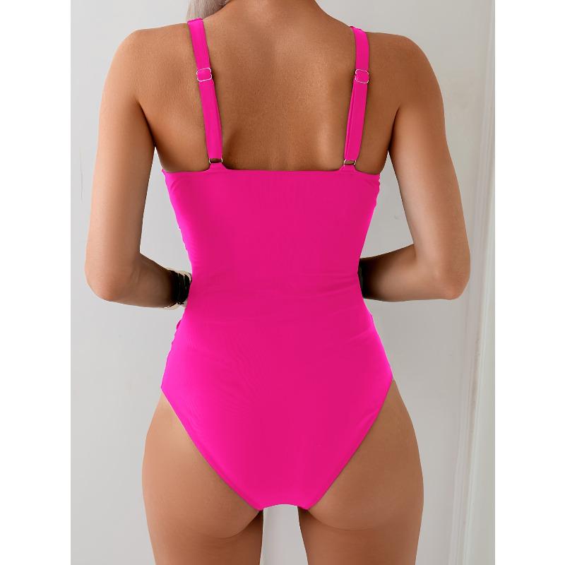 Women's Solid Color One-Piece Swimsuit - Cross Back Tummy Control Swimsuit with Removable Pads, High Elasticity Swimwear for Beach & Pool