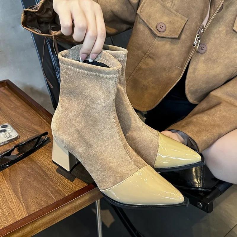 Autumn Vintage Slimming Women Ankle Boots Ladies Concise Pointed Toe Low Heel Short Botas  De Mujer