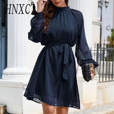 Women's Fashion Summer Spring Solid Color Print Long Sleeve High Neck High Waist Casual Dresses