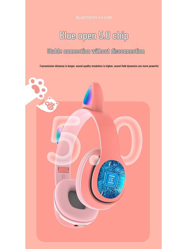 Cute Luminous Cat Ear Bluetooth Headphones for Kids - Trendy Wireless Headset for Girls