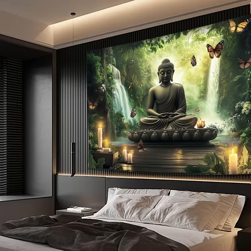 Colgante de pared con paisaje de cascada en bosque de Buda místico 2D, Tapiz de fondo estético para sala de yoga espiritual
