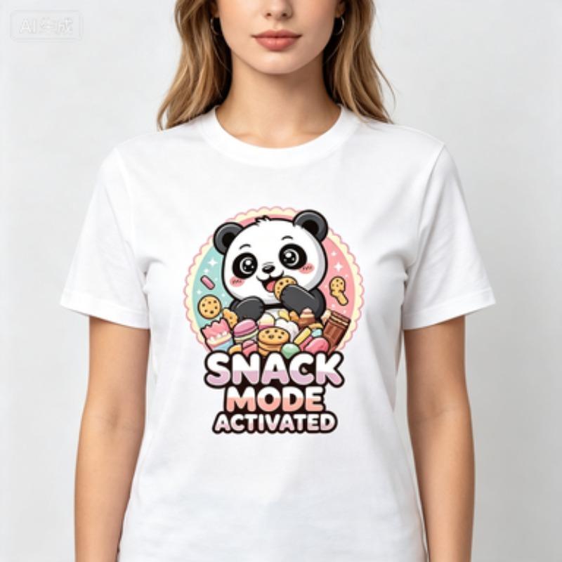 Kawaii Panda Unisex Cotton T Shirt Snack Mode Activated Cookie Dessert Graphic Foodie Lover Casual Crew Neck Tops