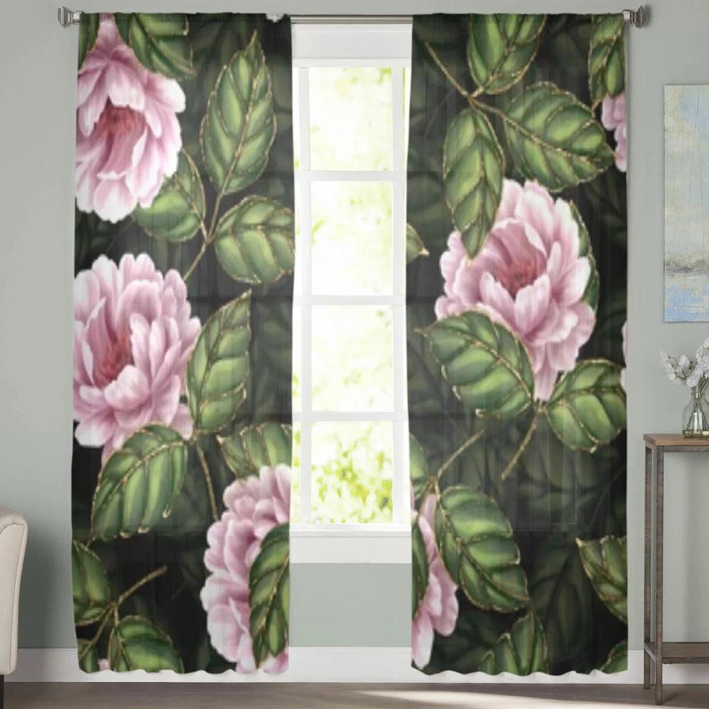 Rose Flowers And Leaves Sheer Curtains For Living Room Window Transparent Voile Tulle Curtain Bedroom Drapes Home Decor
