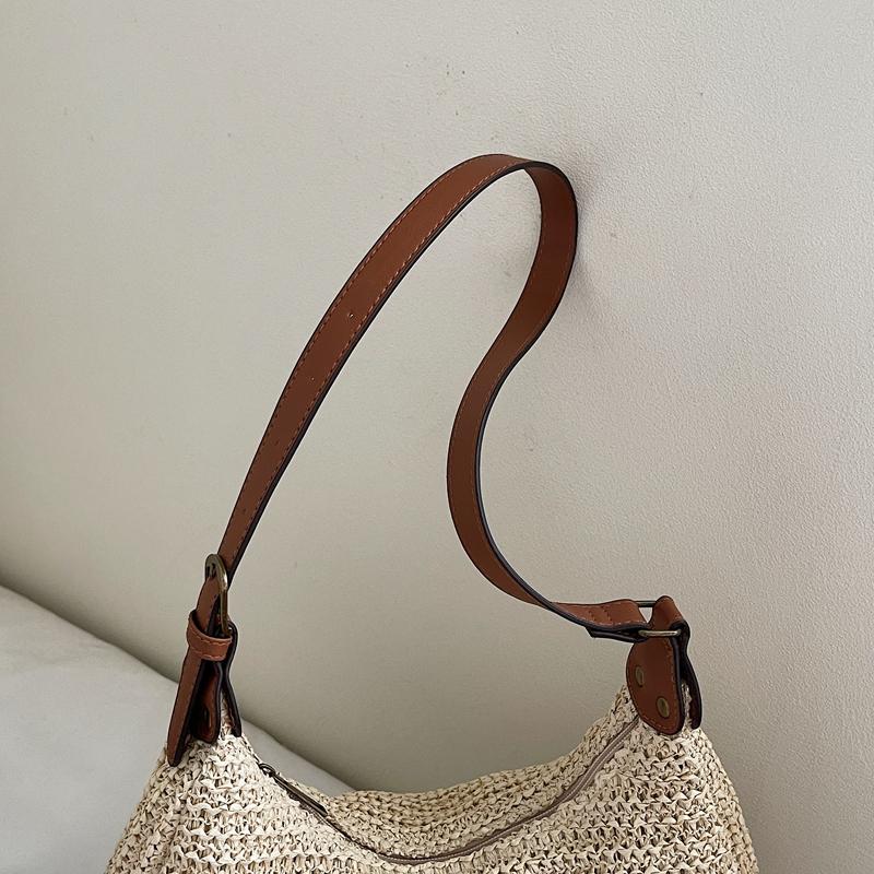 Crochet Mesh Shoulder Bag Women Summer Beach Tote With Leather Strap Natural Style Design