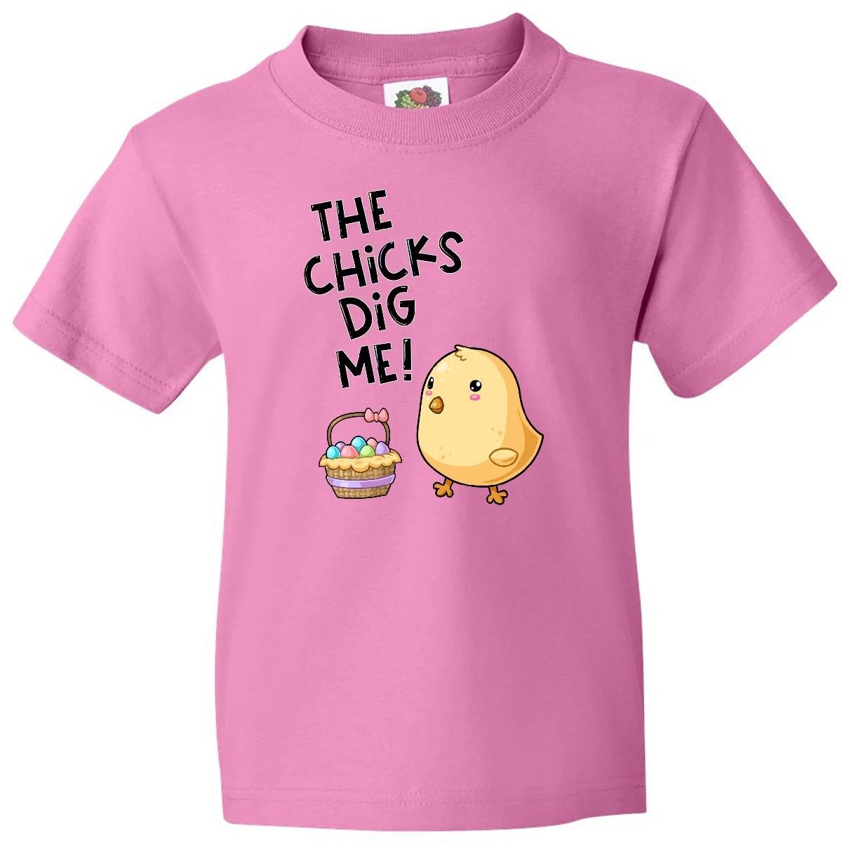 Inktastic The Chicks Dig Me Easter Baby Chick With Basket And Eggs Youth kids boys T-Shirt 140