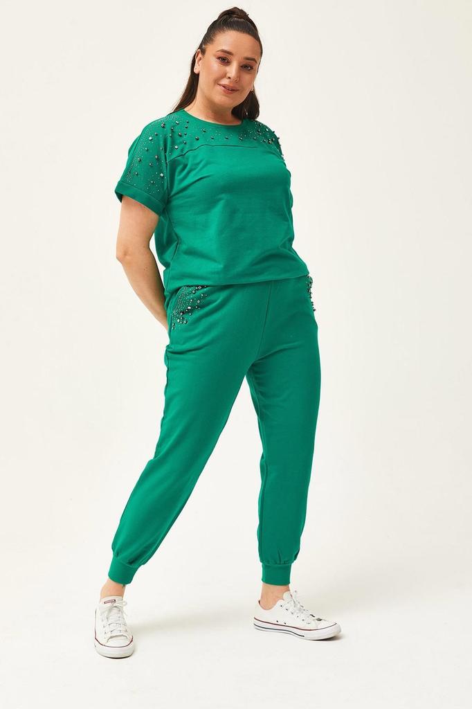 Set de trening de marime mari la moda pentru dama Set de trening de vara verde cu maneca scurta, detaliat cu piatra si margele