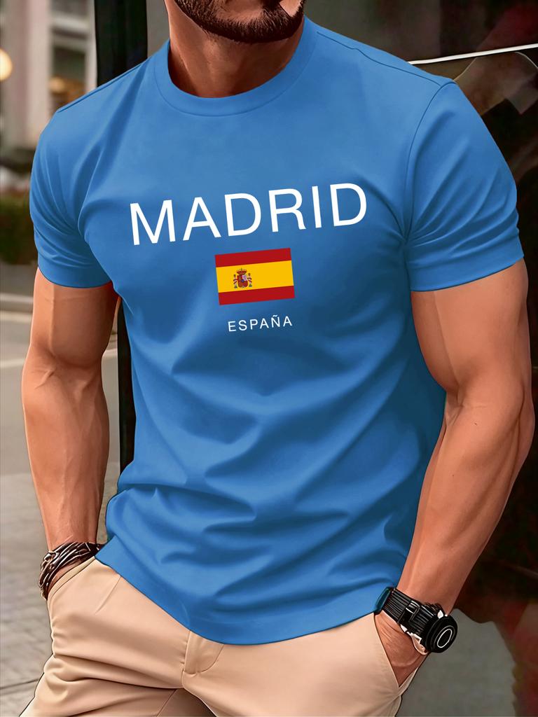 Madrid Spain Flag Design Mens TShirt Soft Loose ONeck T Shirts AllMatch Cotton Streetwear Unisex Summer Casual Short Sleeve