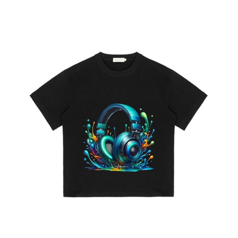 Black T Shirt with Colorful Headphones Splash Design for Music Lovers and Casual Wear