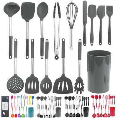 Set de 15 ustensile de bucătărie din oțel inoxidabil negru cu mâner din silicon, cu recipient de depozitare