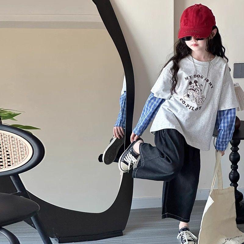 Girls Block Long Sleeve Mock Layer Tee Stylish Spring Autumn Top