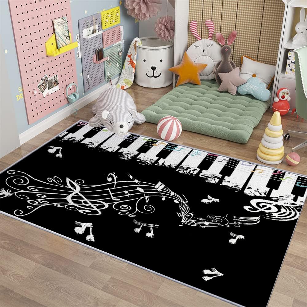 Large Music Carpet Black Piano Key Rug 3D Printed Rectangle Area Rugs for Kids Bedroom Bedside Living Room Non-Slip Floor Mat