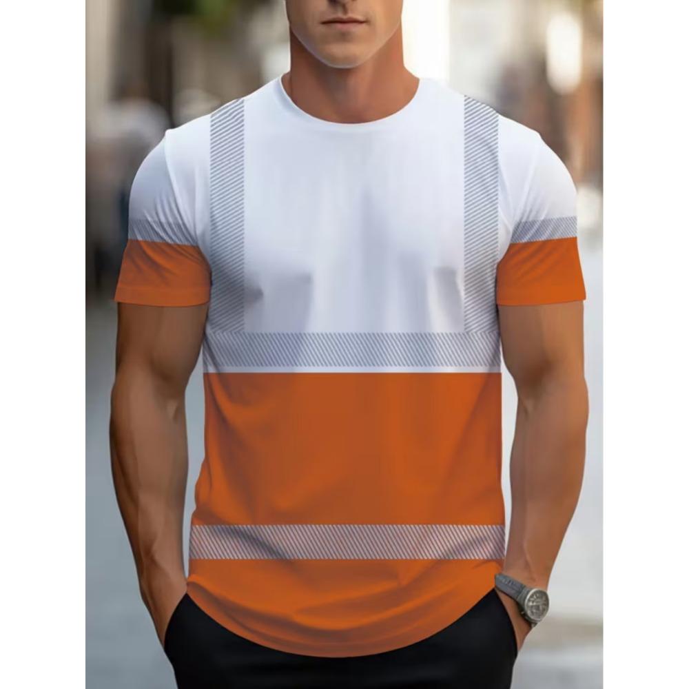 Men's 3D Printed New Safety Sign Color-Block Design Short Sleeve Fashionable Summer Casual