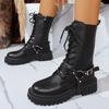 Fashion Fashion Belt Buckle Platform Mid Calf Boots Women Black Zipper Thick Sole Motorcycle Boots Woman Punk Pu Leather Botas Mujer
