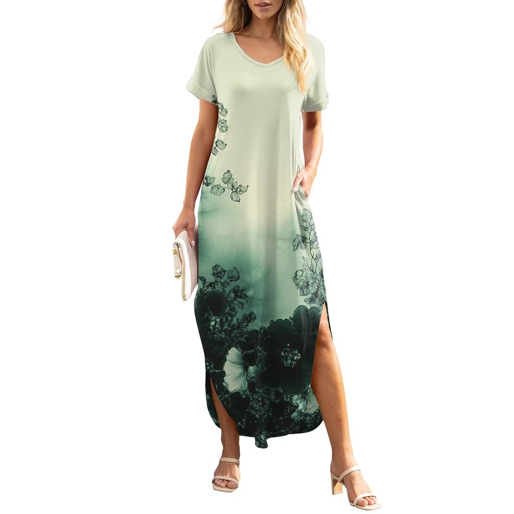 Dámské letní šaty s květinovým potiskem pro volný čas, plážové maxi šaty s krátkým rukávem