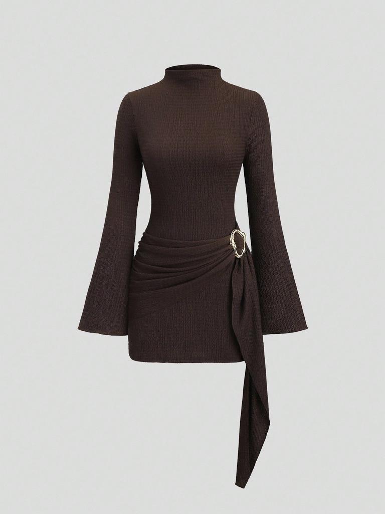 Spring Knit Texture Solid Color Slim Fit Flattering Metal Buckle Dress Mature Style French Retro Patchwork Slim Sexy Elegant Women Maxi Dress