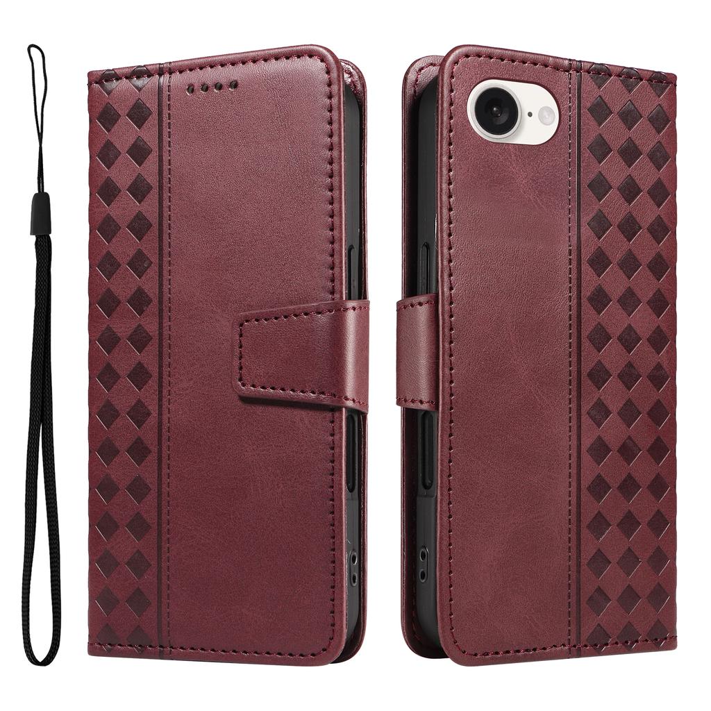For iPhone 16e Leather Case Wallet Stand Grids Imprinted Phone Cover with Strap