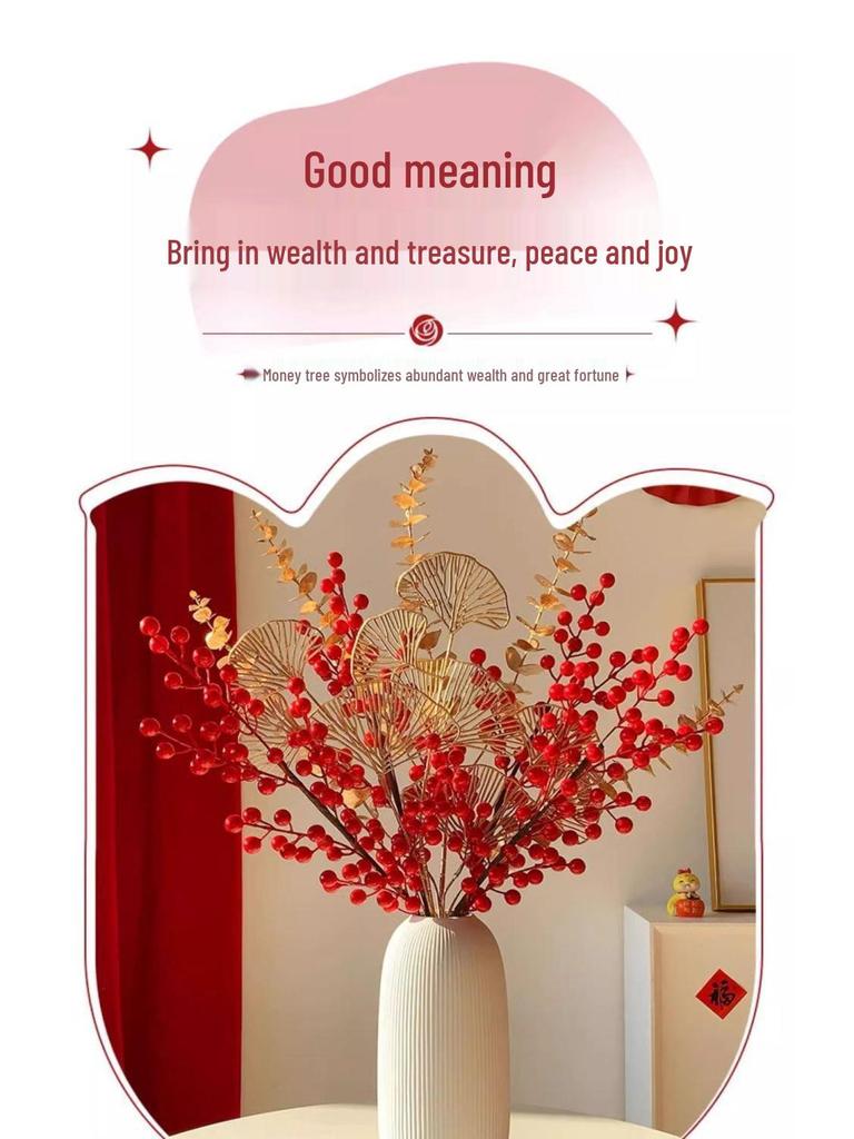 Winterberry Red Berries Artificial Flower Arrangement - New Year Housewarming Decoration for Living Room Ornaments