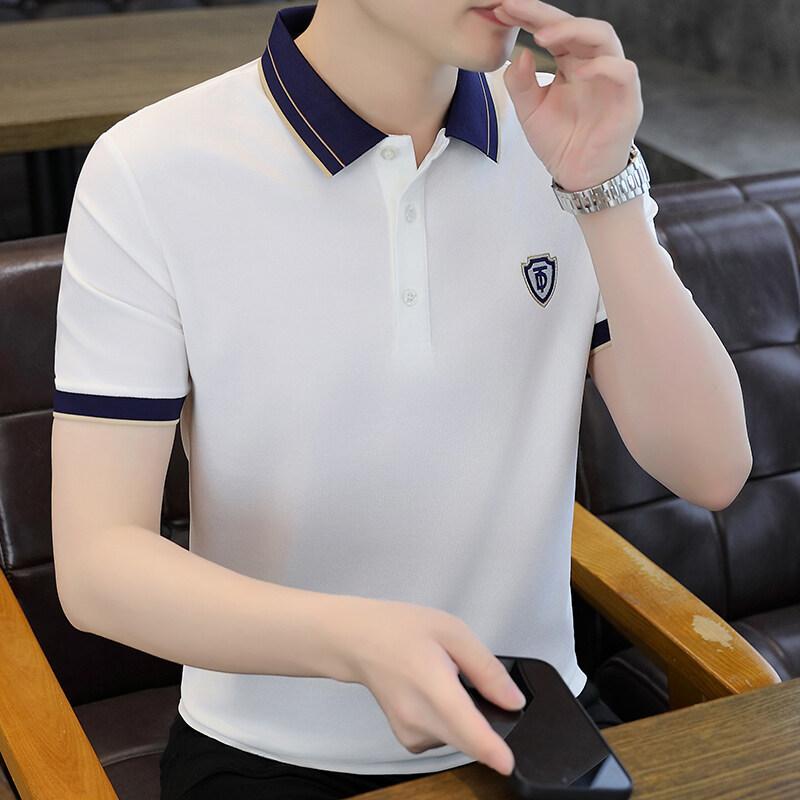 

Men Summer Short Sleeve T Shirt High End Polo Collar Casual Embroidered Shirt M белый