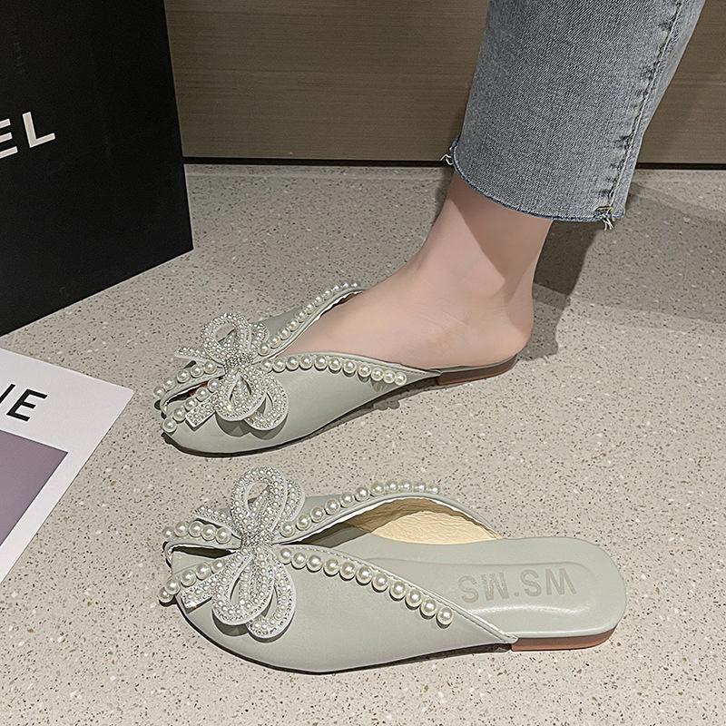 Baotou Half Slippers Women's Summer Wear New Versatile Flat Bottom Pregnant Women French Pearl Bow Fish Mouth Sandals