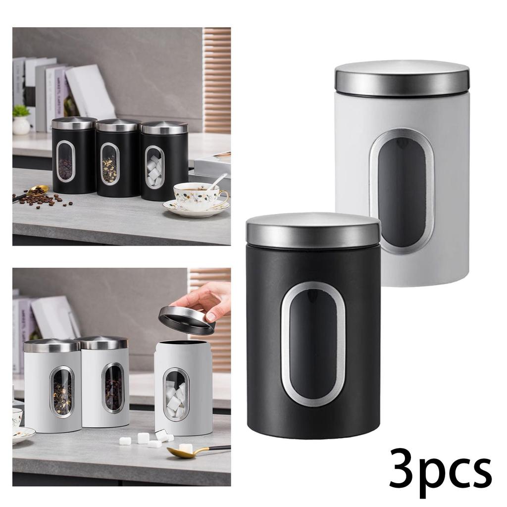 3 Pieces Stainless Steel Kitchen Storage Canister Set Transparent Food Storage Jars