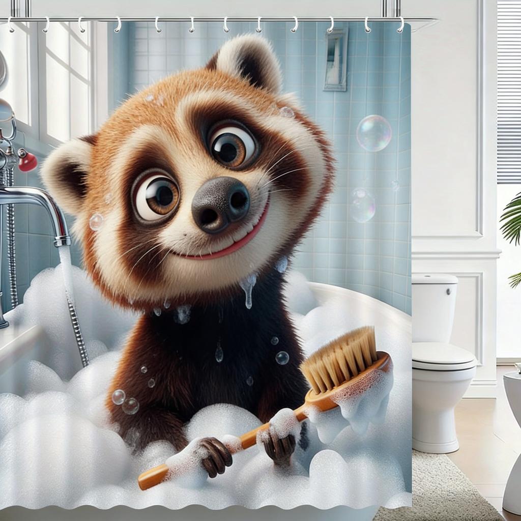 Cute 3D Cartoon Penguin Bathing with Bubbles Waterproof Shower Curtain - Fun Bathroom Decor