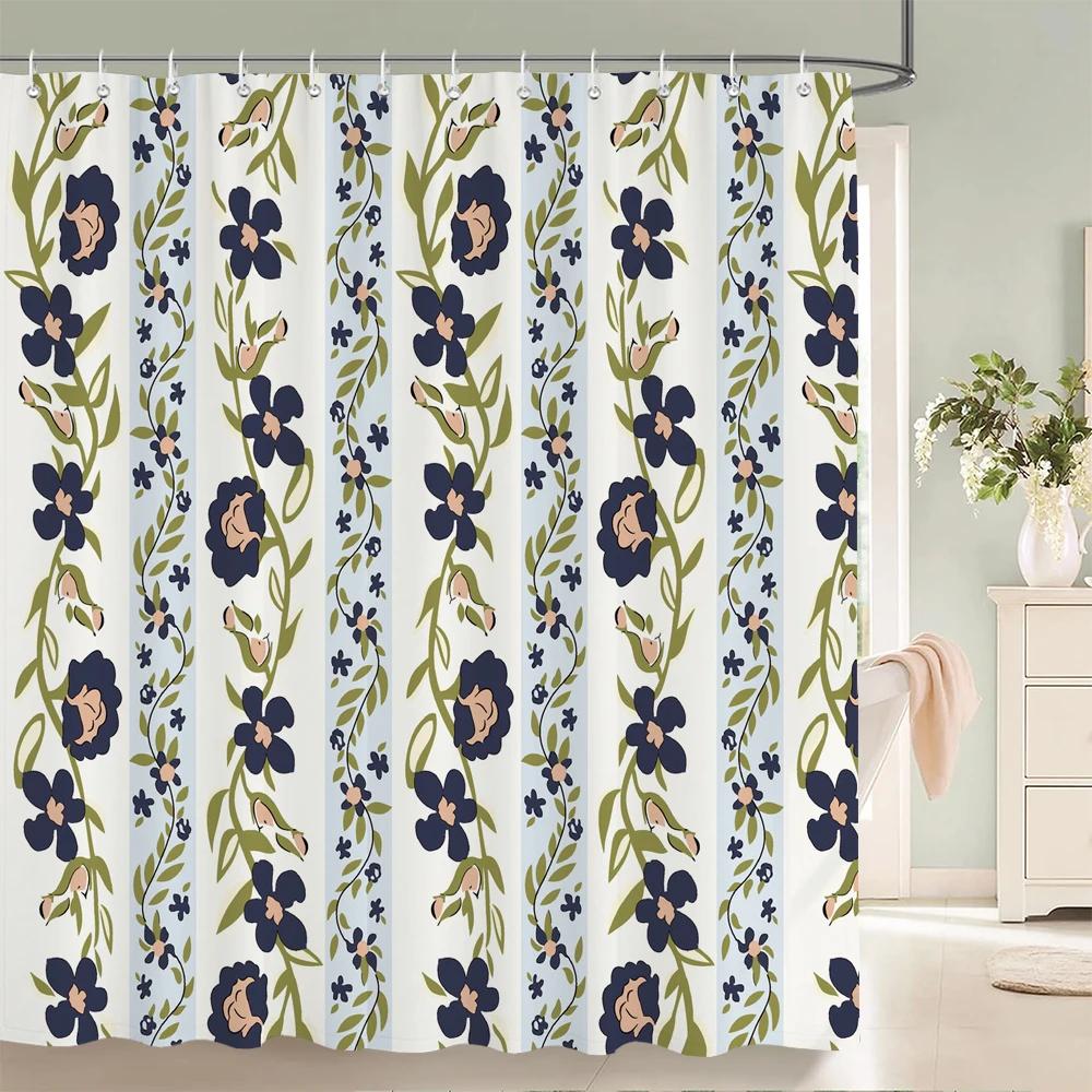1Pcs Nordic style flowers fabric waterproof shower curtain, home decoration elegant and romantic bathroom curtain, with hooks