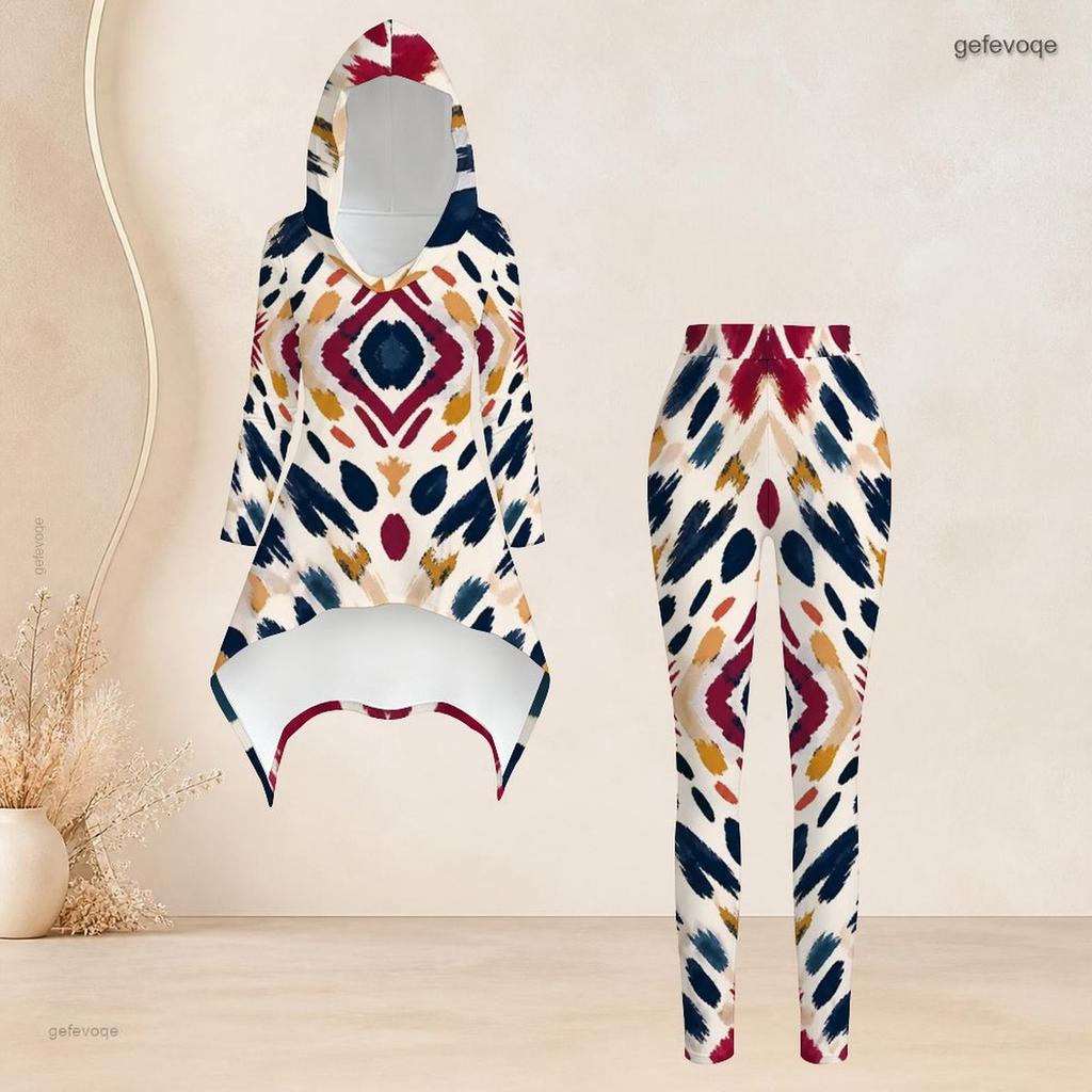 Women Plus Size Geometric Printed Two Piece Set Hooded Long Sleeve High Low Top Fitted Pants