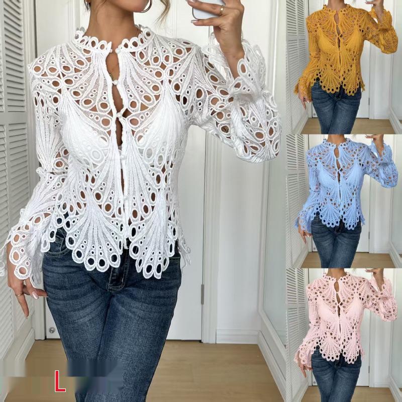 2025 Autumn Women's Sexy Ripped Bell Sleeve Knit Lace Top – European & American Style
