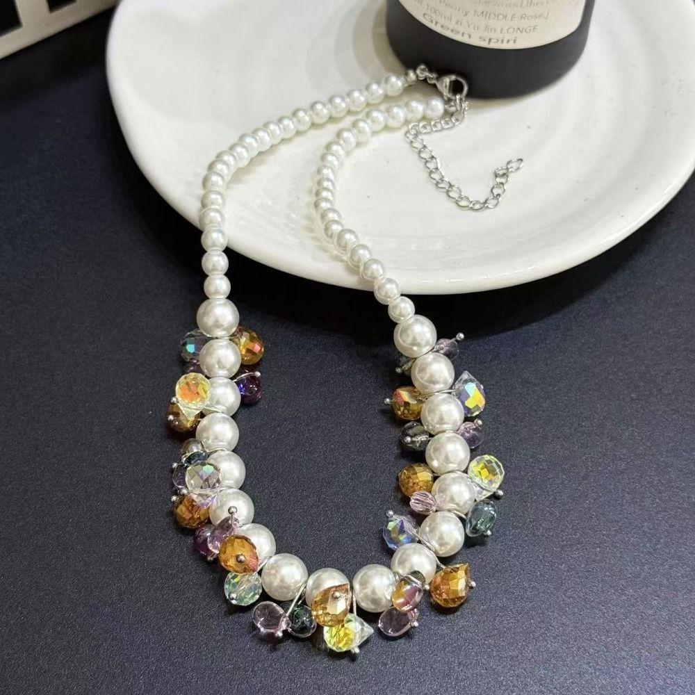 Sweet Pearl Beaded Necklace Dopamine Style Pearl Choker Jewelry Colored Zircon Necklace  Women