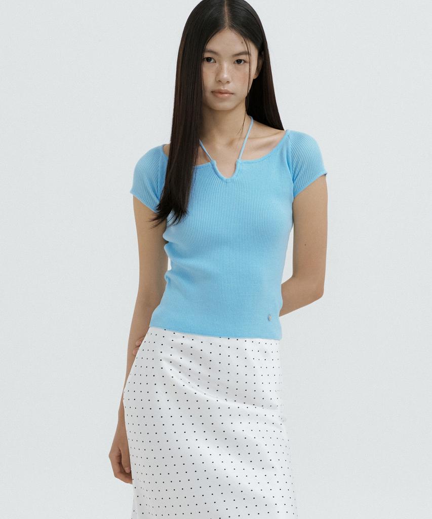 LUCIR ZU Strap Neck Ribbed Knit Top (Sky Blue)