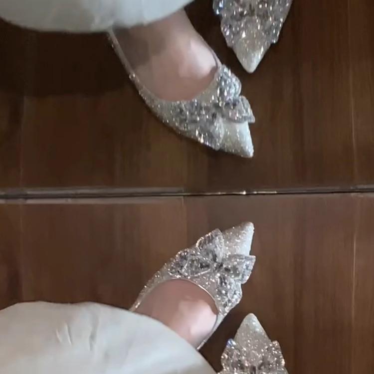 Französische Einzel-Schuhe dicker Absatz spitz Strass High Heels Damen 2025 neue Schuhe Hochzeitsschuhe