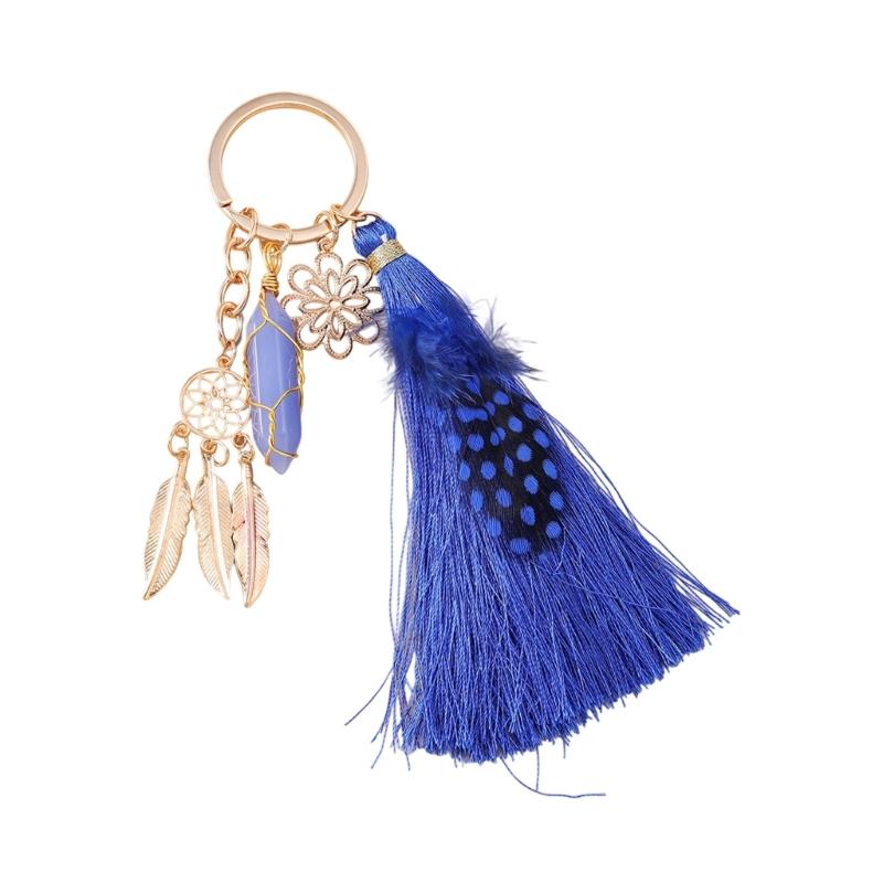 Hexagon Dreamcatcher Keychain Turquoise Key Ring Pendant Plush Feathers Tassels Handcrafted Jewelry Accessory For Women