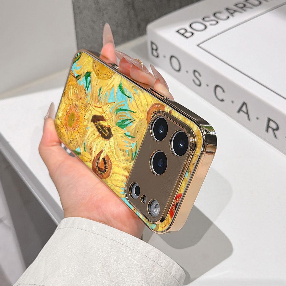 Lucky Start Phone Case For iPhone 17 16 15 14 13 12 11 Pro Max 16E Gold Electroplated glass shell Sunflowers Cover