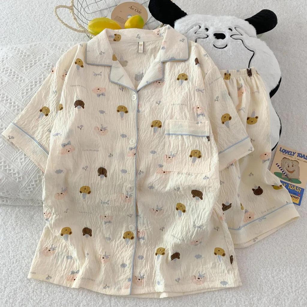 Women's Cartoon Cloud Cotton Pajama Set - Cardigan, Short Sleeve, Shorts, Home Wear