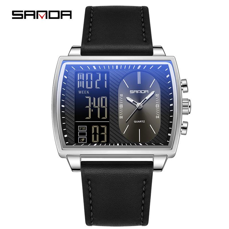 שעון ספורט רב-תכליתי עמיד למים לגברים מבית Sanda עם תצוגה כפולה מסוגננת.