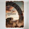Vintage Stargate SG-1 Metal Tin Sign, Ancient Stone Gate with Symbols, Desert Landscape, Dog & Temple Structure, Warm Color Sche