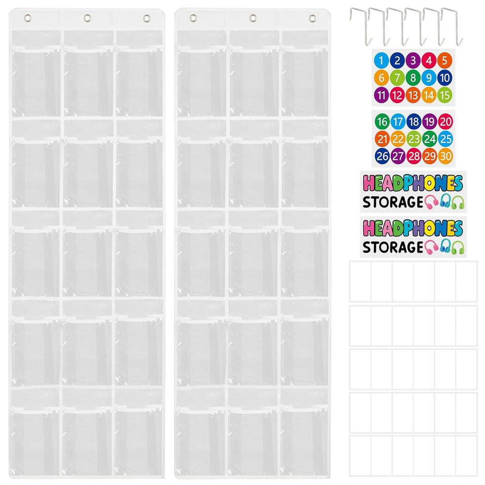

2pcs School Classroom Household Headphone Storage Hanging Bag 15 Compartments PVC Clear Wall Storage Container Send Stickers прозорий