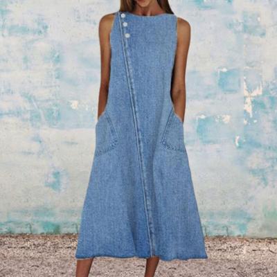 Zomerjurk met ronde hals, mouwloos, zakken, effen kleur, midi denim jurk voor dames, streetwear